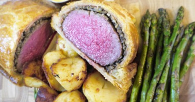 Beef Wellington, Grilled Asparagus Beef Dripping Potatoes