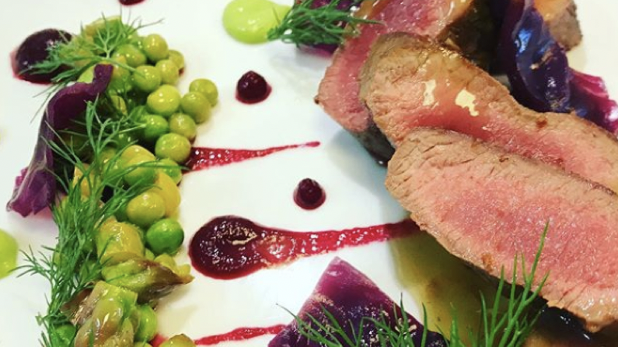 Seared Lamb Fillet with Beetroot and pea Purees